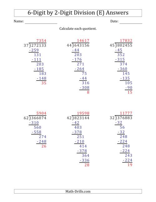 The 6-Digit by 2-Digit Long Division with Remainders and Steps Shown on Answer Key (E) Math Worksheet Page 2