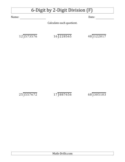 The 6-Digit by 2-Digit Long Division with Remainders and Steps Shown on Answer Key (F) Math Worksheet