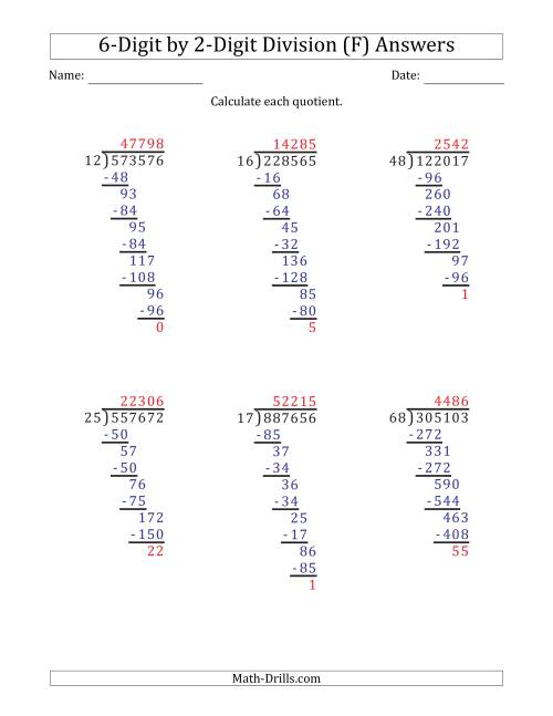 The 6-Digit by 2-Digit Long Division with Remainders and Steps Shown on Answer Key (F) Math Worksheet Page 2