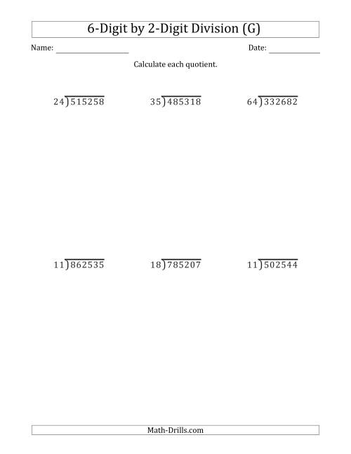 The 6-Digit by 2-Digit Long Division with Remainders and Steps Shown on Answer Key (G) Math Worksheet