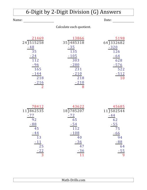 The 6-Digit by 2-Digit Long Division with Remainders and Steps Shown on Answer Key (G) Math Worksheet Page 2