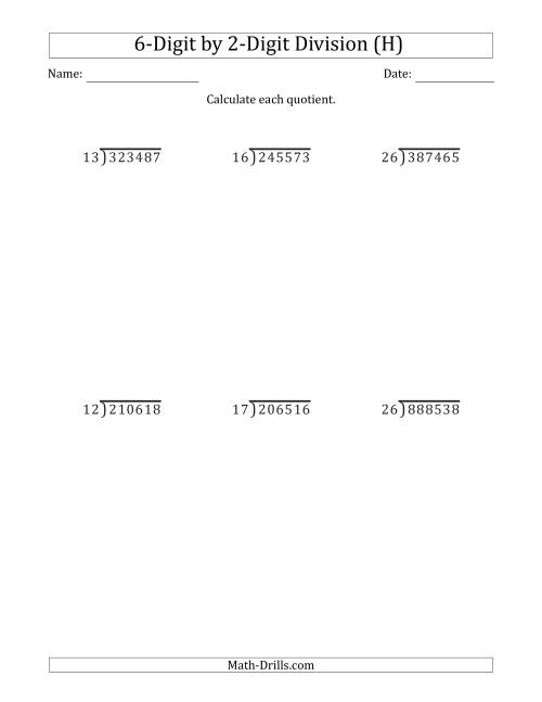The 6-Digit by 2-Digit Long Division with Remainders and Steps Shown on Answer Key (H) Math Worksheet