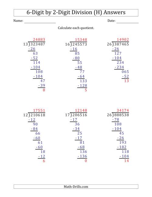 The 6-Digit by 2-Digit Long Division with Remainders and Steps Shown on Answer Key (H) Math Worksheet Page 2