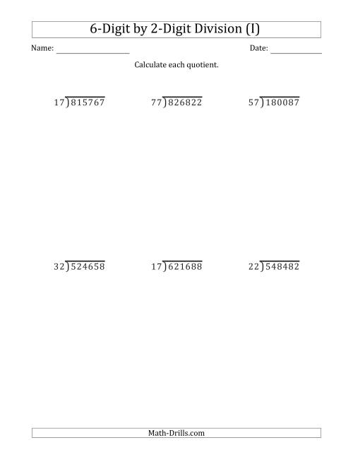 The 6-Digit by 2-Digit Long Division with Remainders and Steps Shown on Answer Key (I) Math Worksheet