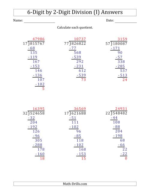 The 6-Digit by 2-Digit Long Division with Remainders and Steps Shown on Answer Key (I) Math Worksheet Page 2