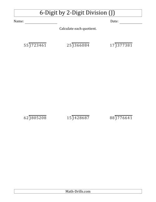 The 6-Digit by 2-Digit Long Division with Remainders and Steps Shown on Answer Key (J) Math Worksheet