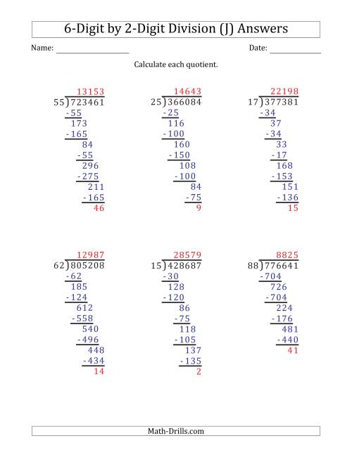 The 6-Digit by 2-Digit Long Division with Remainders and Steps Shown on Answer Key (J) Math Worksheet Page 2