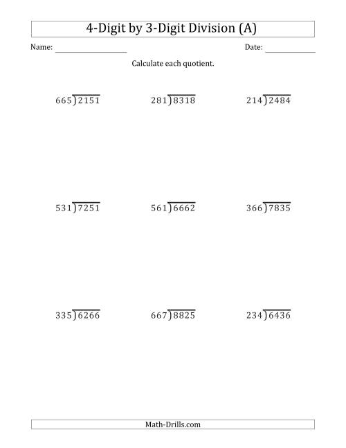 The 4-Digit by 3-Digit Long Division with Remainders and Steps Shown on Answer Key (A) Math Worksheet