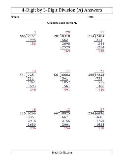 The 4-Digit by 3-Digit Long Division with Remainders and Steps Shown on Answer Key (A) Math Worksheet Page 2