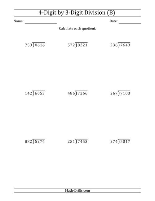 The 4-Digit by 3-Digit Long Division with Remainders and Steps Shown on Answer Key (B) Math Worksheet