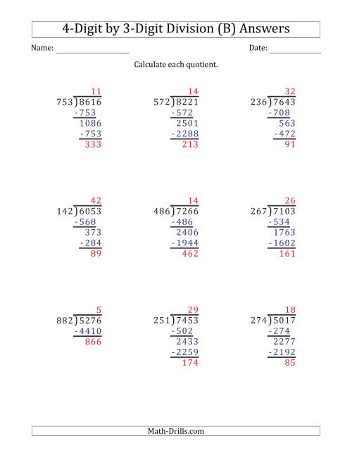 The 4-Digit by 3-Digit Long Division with Remainders and Steps Shown on Answer Key (B) Math Worksheet Page 2