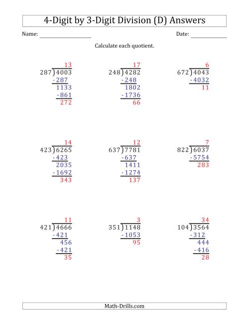 The 4-Digit by 3-Digit Long Division with Remainders and Steps Shown on Answer Key (D) Math Worksheet Page 2