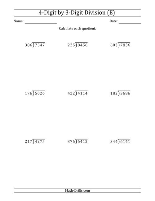 The 4-Digit by 3-Digit Long Division with Remainders and Steps Shown on Answer Key (E) Math Worksheet