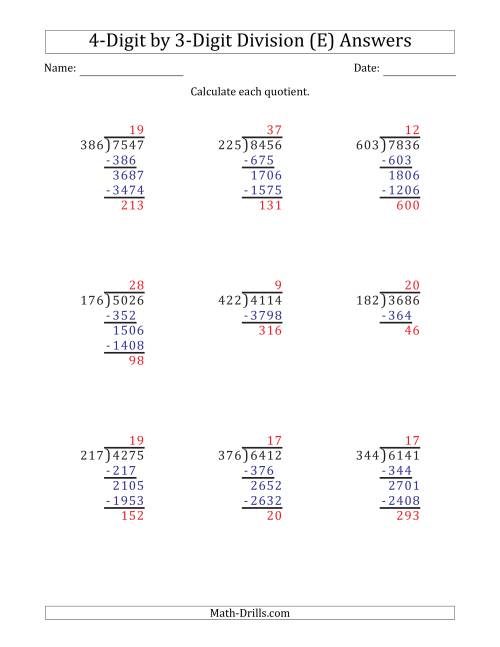 The 4-Digit by 3-Digit Long Division with Remainders and Steps Shown on Answer Key (E) Math Worksheet Page 2