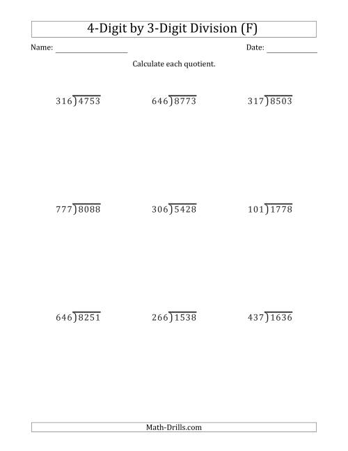The 4-Digit by 3-Digit Long Division with Remainders and Steps Shown on Answer Key (F) Math Worksheet