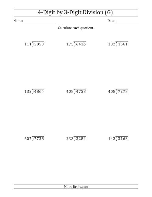 The 4-Digit by 3-Digit Long Division with Remainders and Steps Shown on Answer Key (G) Math Worksheet