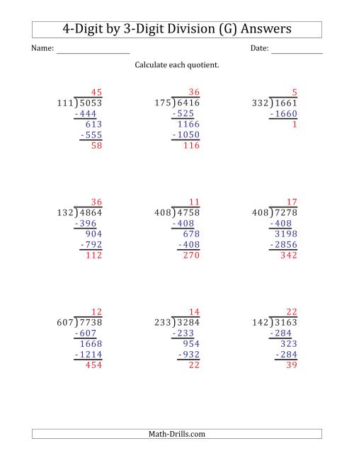The 4-Digit by 3-Digit Long Division with Remainders and Steps Shown on Answer Key (G) Math Worksheet Page 2