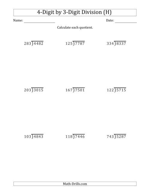 The 4-Digit by 3-Digit Long Division with Remainders and Steps Shown on Answer Key (H) Math Worksheet