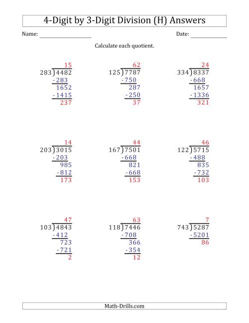 The 4-Digit by 3-Digit Long Division with Remainders and Steps Shown on Answer Key (H) Math Worksheet Page 2