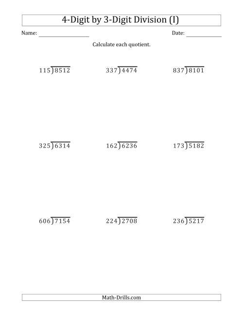 The 4-Digit by 3-Digit Long Division with Remainders and Steps Shown on Answer Key (I) Math Worksheet