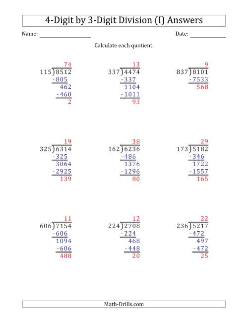 The 4-Digit by 3-Digit Long Division with Remainders and Steps Shown on Answer Key (I) Math Worksheet Page 2