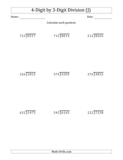 The 4-Digit by 3-Digit Long Division with Remainders and Steps Shown on Answer Key (J) Math Worksheet