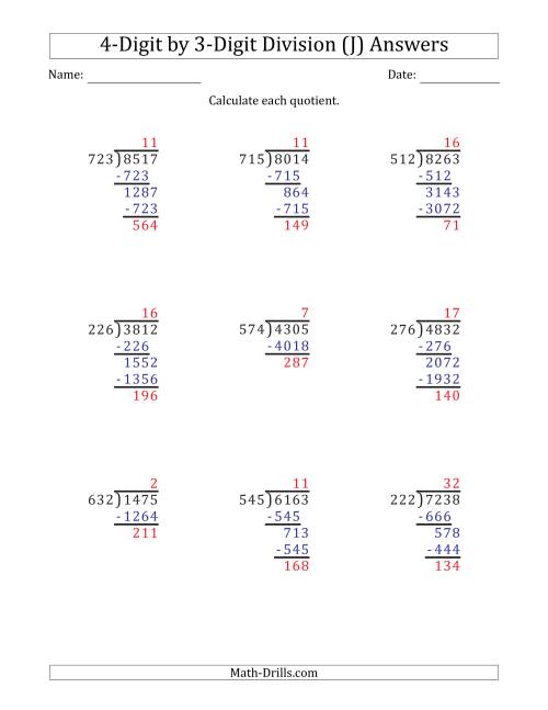 The 4-Digit by 3-Digit Long Division with Remainders and Steps Shown on Answer Key (J) Math Worksheet Page 2