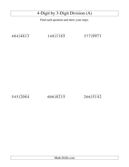 The Dividing a 4-Digit Dividend by a 3-Digit Divisor and Showing Steps (Old) Math Worksheet