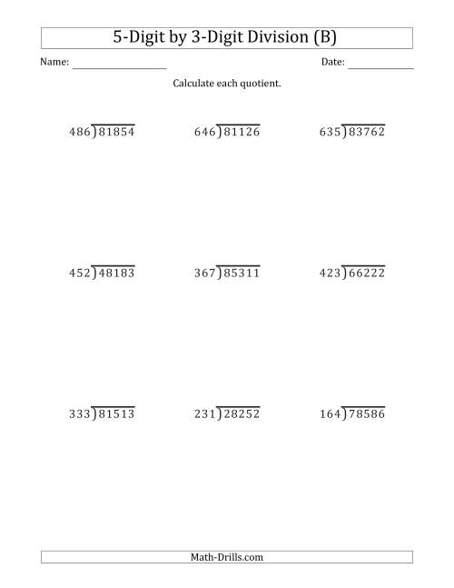 The 5-Digit by 3-Digit Long Division with Remainders and Steps Shown on Answer Key (B) Math Worksheet