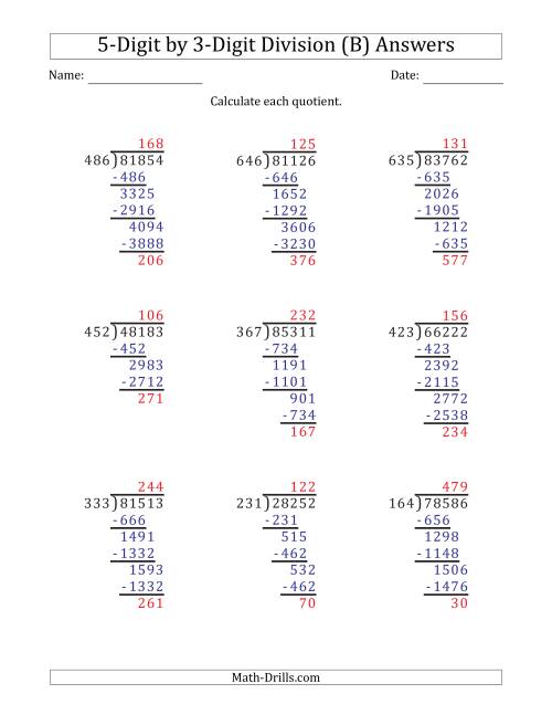 The 5-Digit by 3-Digit Long Division with Remainders and Steps Shown on Answer Key (B) Math Worksheet Page 2
