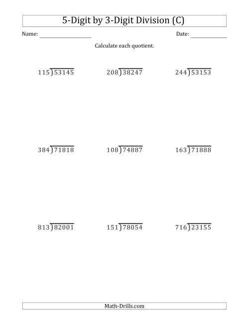 The 5-Digit by 3-Digit Long Division with Remainders and Steps Shown on Answer Key (C) Math Worksheet