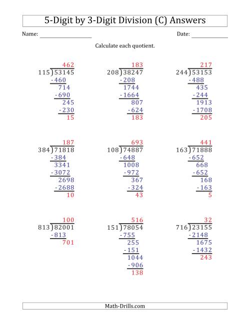 The 5-Digit by 3-Digit Long Division with Remainders and Steps Shown on Answer Key (C) Math Worksheet Page 2