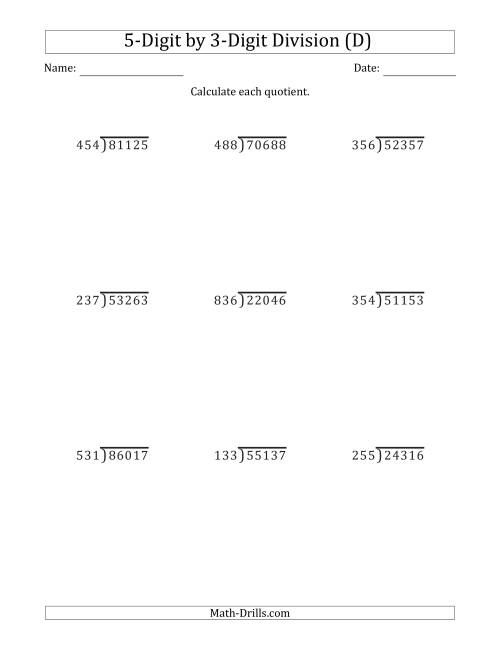 The 5-Digit by 3-Digit Long Division with Remainders and Steps Shown on Answer Key (D) Math Worksheet