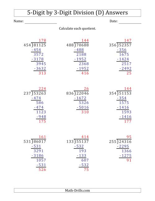 The 5-Digit by 3-Digit Long Division with Remainders and Steps Shown on Answer Key (D) Math Worksheet Page 2