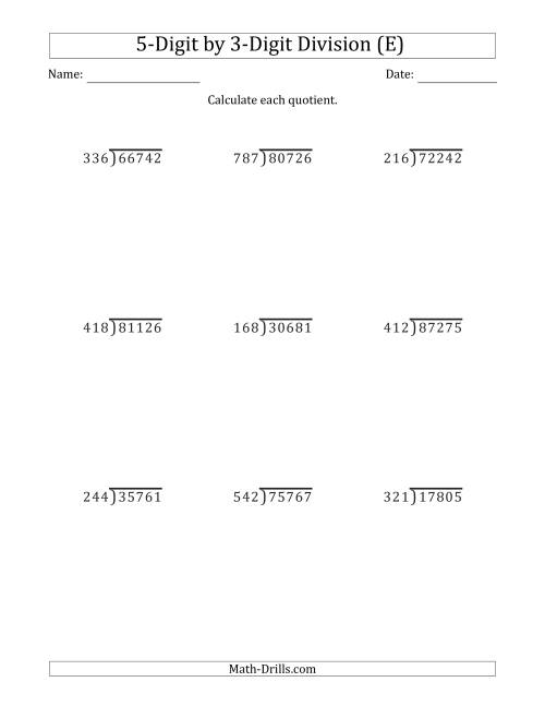 The 5-Digit by 3-Digit Long Division with Remainders and Steps Shown on Answer Key (E) Math Worksheet