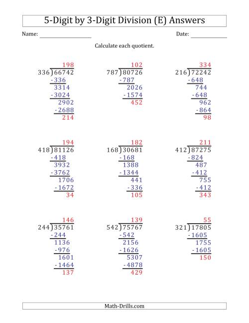 The 5-Digit by 3-Digit Long Division with Remainders and Steps Shown on Answer Key (E) Math Worksheet Page 2