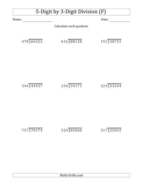 The 5-Digit by 3-Digit Long Division with Remainders and Steps Shown on Answer Key (F) Math Worksheet