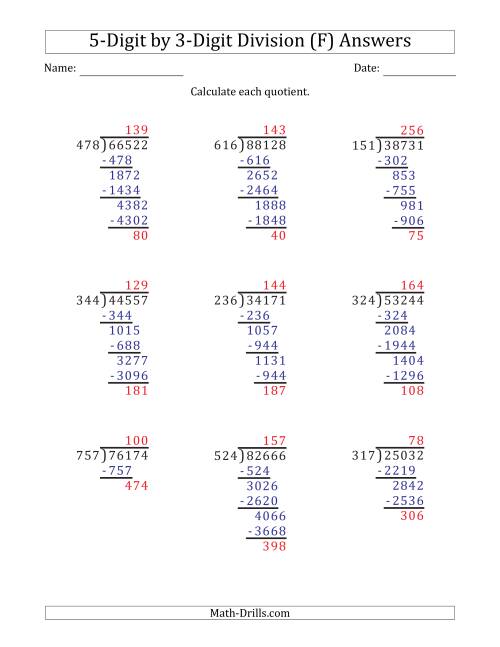 The 5-Digit by 3-Digit Long Division with Remainders and Steps Shown on Answer Key (F) Math Worksheet Page 2