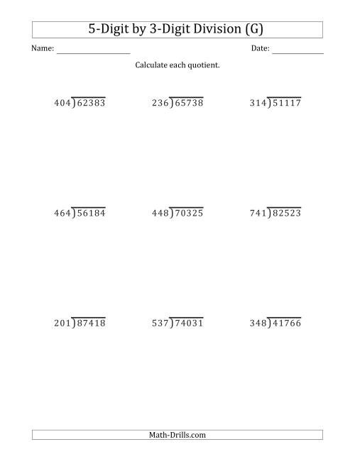 The 5-Digit by 3-Digit Long Division with Remainders and Steps Shown on Answer Key (G) Math Worksheet