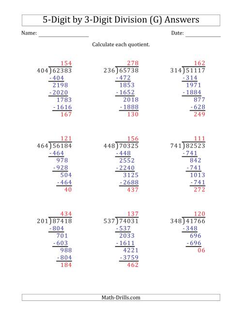 The 5-Digit by 3-Digit Long Division with Remainders and Steps Shown on Answer Key (G) Math Worksheet Page 2