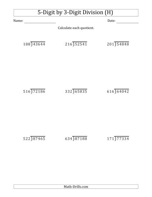 The 5-Digit by 3-Digit Long Division with Remainders and Steps Shown on Answer Key (H) Math Worksheet