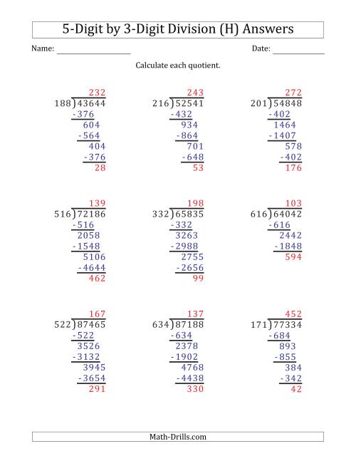 The 5-Digit by 3-Digit Long Division with Remainders and Steps Shown on Answer Key (H) Math Worksheet Page 2