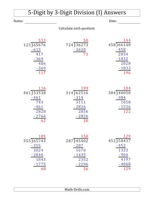 The 5-Digit by 3-Digit Long Division with Remainders and Steps Shown on Answer Key (I) Math Worksheet Page 2