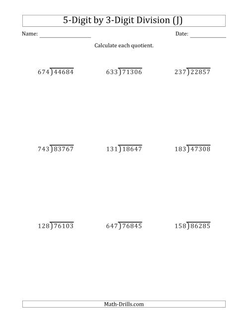 The 5-Digit by 3-Digit Long Division with Remainders and Steps Shown on Answer Key (J) Math Worksheet