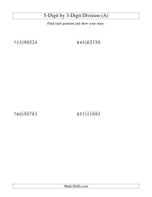 The Dividing a 5-Digit Dividend by a 3-Digit Divisor and Showing Steps (Old) Math Worksheet