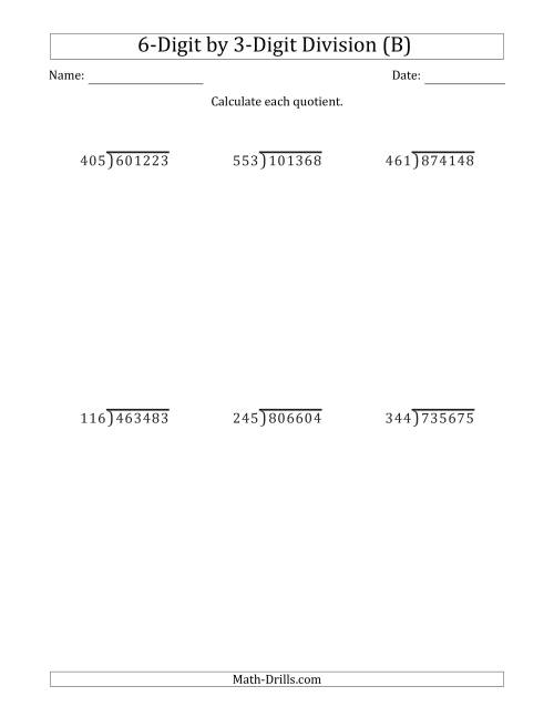 The 6-Digit by 3-Digit Long Division with Remainders and Steps Shown on Answer Key (B) Math Worksheet