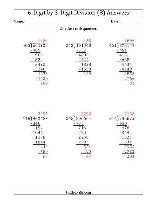 The 6-Digit by 3-Digit Long Division with Remainders and Steps Shown on Answer Key (B) Math Worksheet Page 2