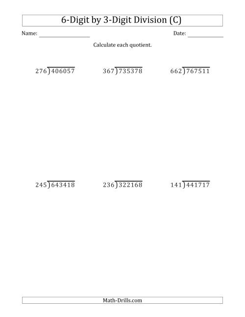 The 6-Digit by 3-Digit Long Division with Remainders and Steps Shown on Answer Key (C) Math Worksheet