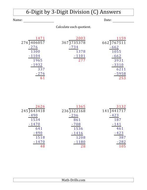 The 6-Digit by 3-Digit Long Division with Remainders and Steps Shown on Answer Key (C) Math Worksheet Page 2