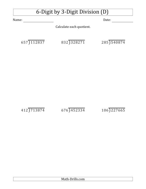 The 6-Digit by 3-Digit Long Division with Remainders and Steps Shown on Answer Key (D) Math Worksheet